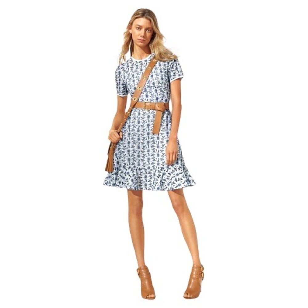 MICHAEL Kors blue white short sleeve Daisy embroidered Eyelet dress sz 12
